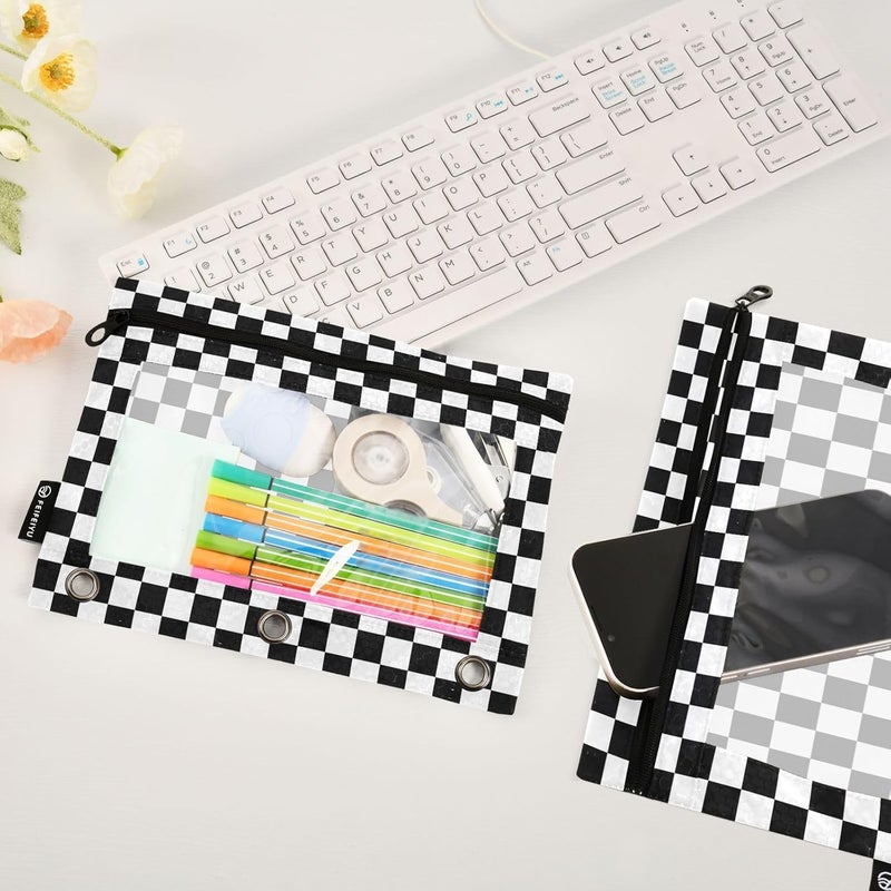 BOENLE Black White Checkered Pattern Pencil Pouch for 3 Ring Binder, 2 Pack Waterproof Pencil Bags Clear Window Pencil Case Zipper School Office Supplies - Image 5